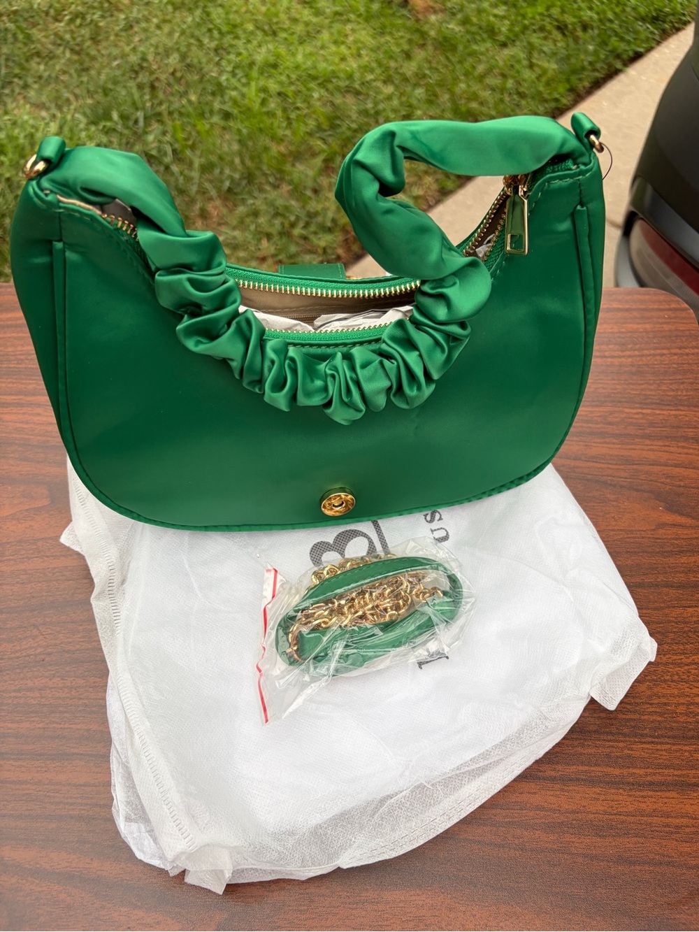 Hello 3AM Green Ruched Handle Shoulder Bag Gold Ornate Buckle NWT